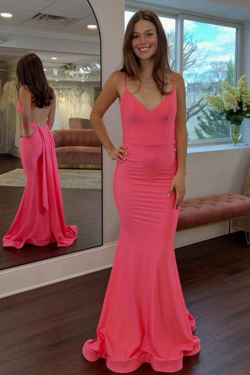 Simple Mermaid Spaghetti Straps Candy Pink Long Prom Dress With Train Formal Evening Gown
