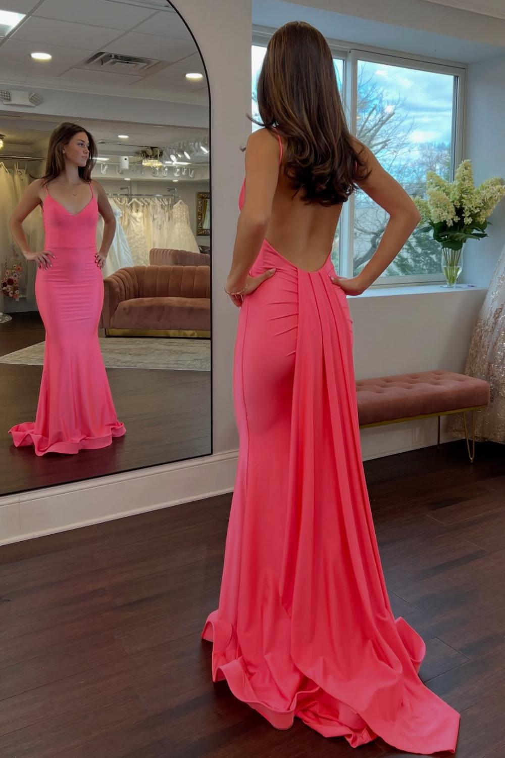 Simple Mermaid Spaghetti Straps Candy Pink Long Prom Dress With Train Formal Evening Gown