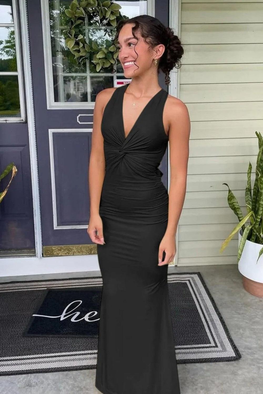 Simple Mermaid V Neck Yellow Long Prom Dress With Open Back Formal Evening Gown