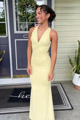 Simple Mermaid V Neck Yellow Long Prom Dress With Open Back Formal Evening Gown