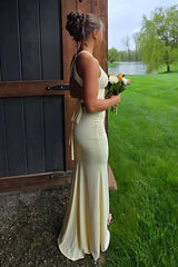Simple Mermaid V Neck Yellow Long Prom Dress With Open Back Formal Evening Gown