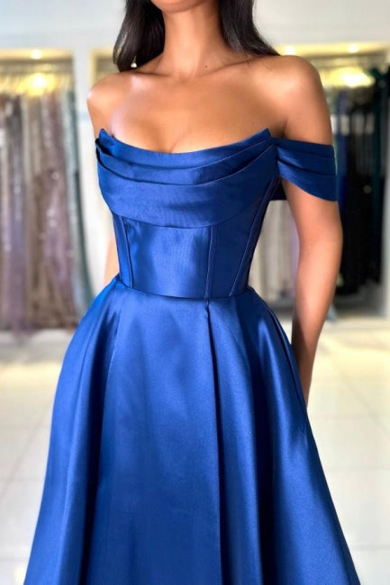 Simple Royal Blue Prom Dress Off The Shoulder A Line Sleeveless Satin Formal Dress