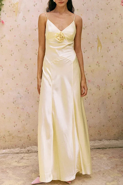 Simple Sheath Spaghetti Straps Dusty Blue Long Prom Dress With 3D Flowers Formal Evening Gown