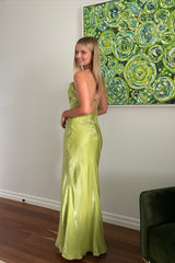 Simple Sheath Spaghetti Straps Light Green Long Party Dress With Backless Formal Evening Gown