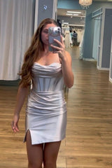 Simple Silver Homecoming Dress Corset Tight Satin Short Prom Dress