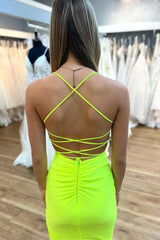 Simple Yellow Homecoming Dress Spaghetti Straps Tight Short Prom Dress with Slit