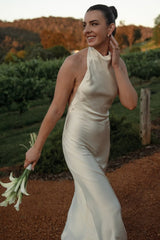 Simple High Neck Beach Wedding Dress Backless Mermaid Boho Bridal Gown