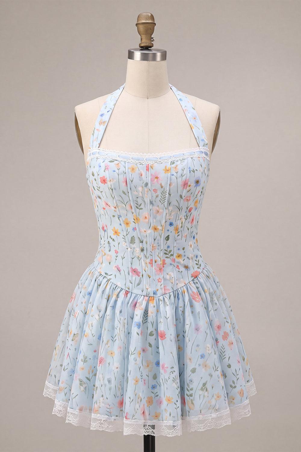 Sky Blue Floral A Line Halter Corset Short Homecoming Dress with Lace
