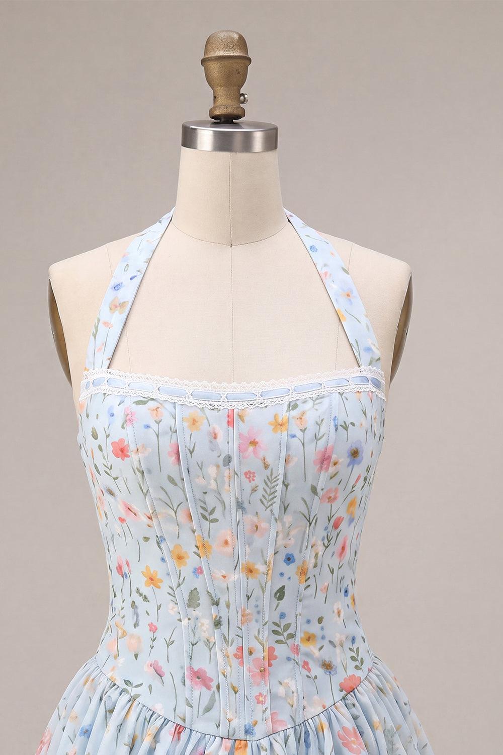 Sky Blue Floral A Line Halter Corset Short Homecoming Dress with Lace