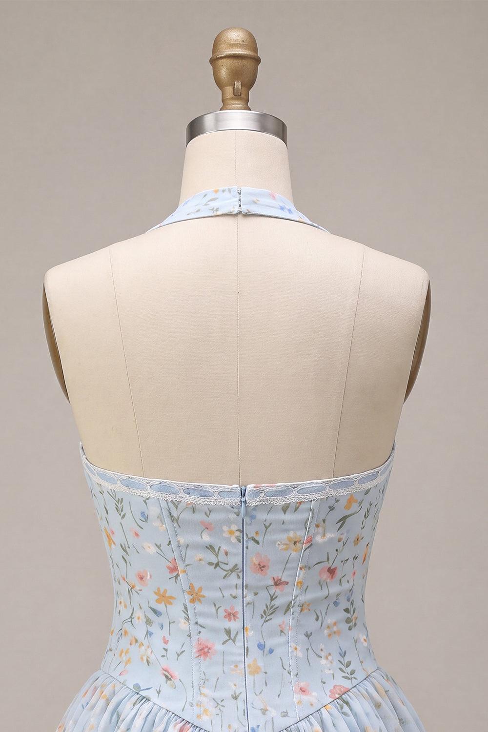 Sky Blue Floral A Line Halter Corset Short Homecoming Dress with Lace