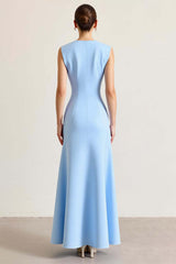 Sky Blue Formal Dress Satin Boat Neck Long Sheath Wedding Guest Dress With Slit