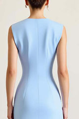Sky Blue Formal Dress Satin Boat Neck Long Sheath Wedding Guest Dress With Slit