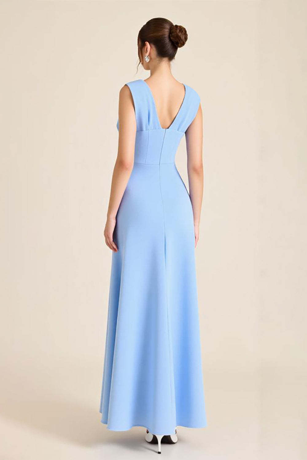 Sky Blue Formal Dress Satin Sheath V Neck Long Wedding Guest Dress With Flowers