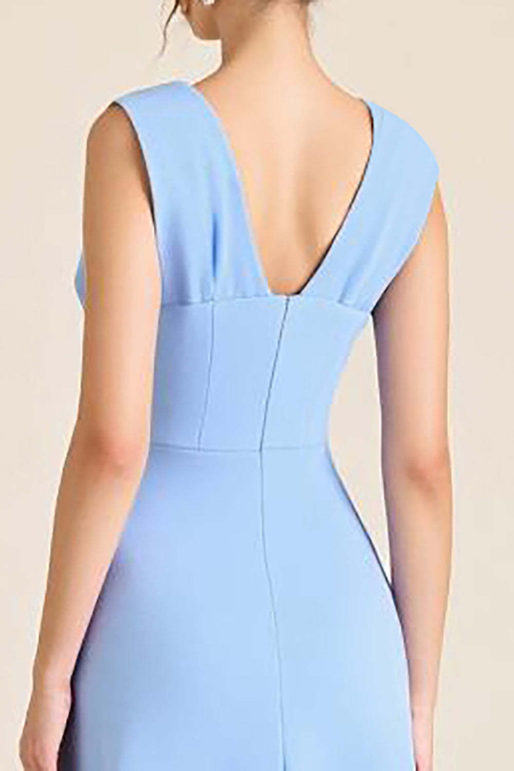 Sky Blue Formal Dress Satin Sheath V Neck Long Wedding Guest Dress With Flowers