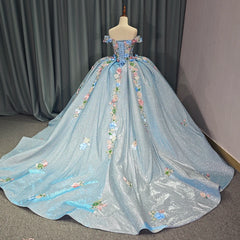 Sky Blue Gold Quinceanera Dress Ball Gown Sweetheart Sparkly Beaded Bow Sweet 16 Party Dress