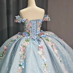 Sky Blue Gold Quinceanera Dress Ball Gown Sweetheart Sparkly Beaded Bow Sweet 16 Party Dress