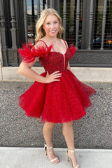 Sky Blue Homecoming Dress A-Line Short Prom Dress with Feathers