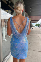 Sky Blue Homecoming Dress Sequin Sheath Prom Dress with Split Front