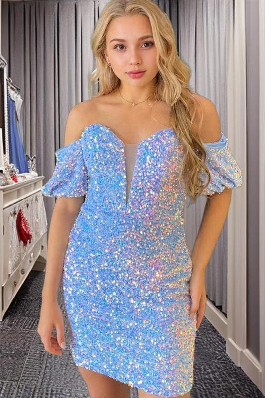 Sky Blue Homecoming Dress Sequined Off the Shoulder Sweetheart Short Cocktail Dress