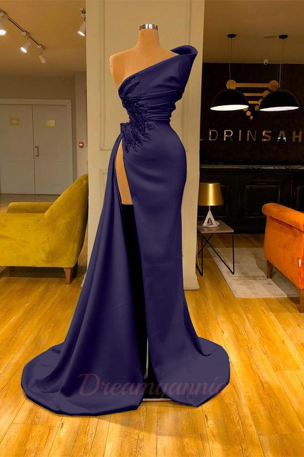 Sky Blue One Shoulder High Split Beaded Long Mermaid Prom Dress