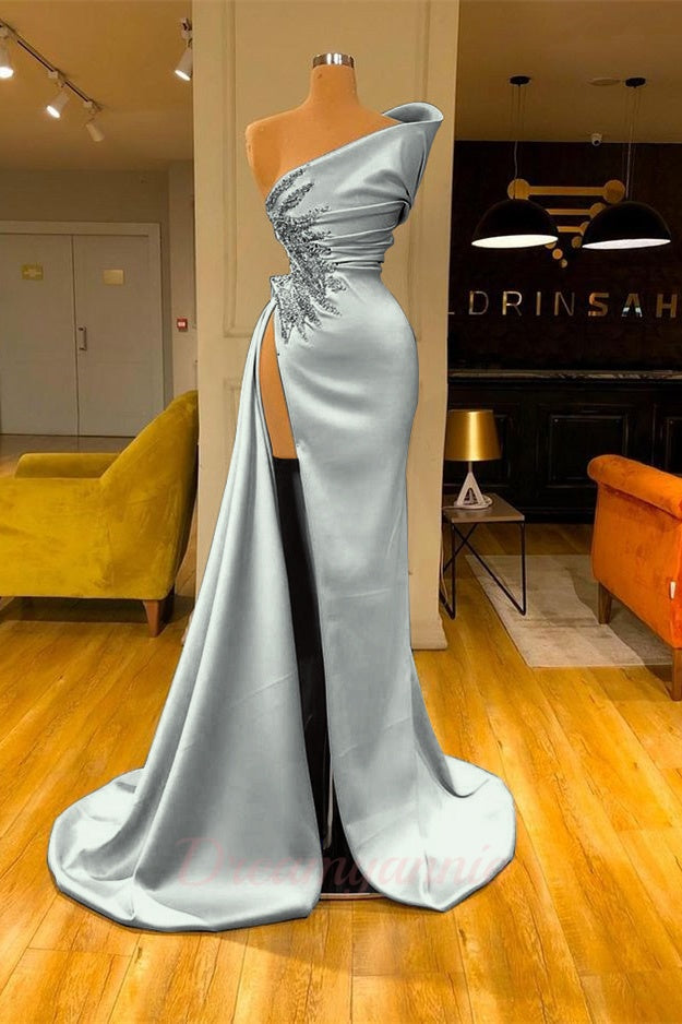 Sky Blue One Shoulder High Split Beaded Long Mermaid Prom Dress