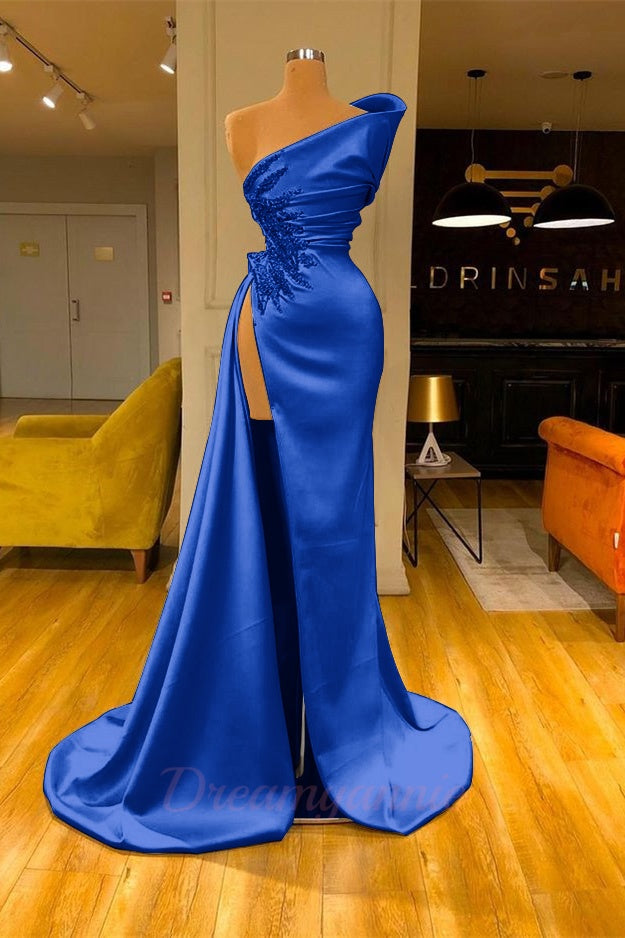 Sky Blue One Shoulder High Split Beaded Long Mermaid Prom Dress