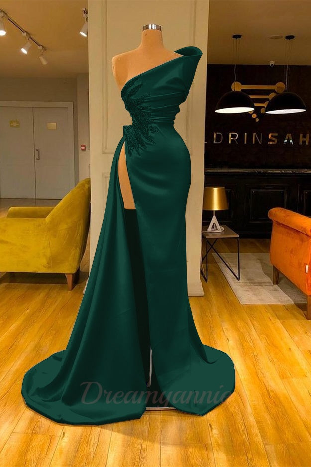 Sky Blue One Shoulder High Split Beaded Long Mermaid Prom Dress