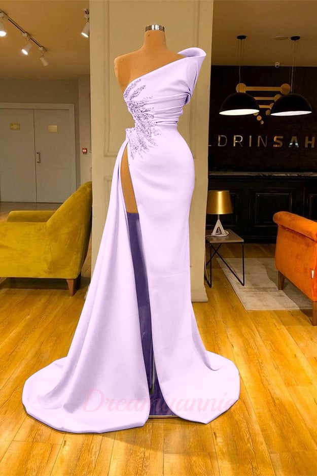 Sky Blue One Shoulder High Split Beaded Long Mermaid Prom Dress