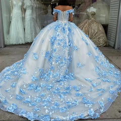Sky Blue Princess Quinceanera Dresses Off Shoulder Ball Gown 3D Flowers Appliques Beaded Long Train Lace Up Corset Prom Dress Sweet 16 Dress
