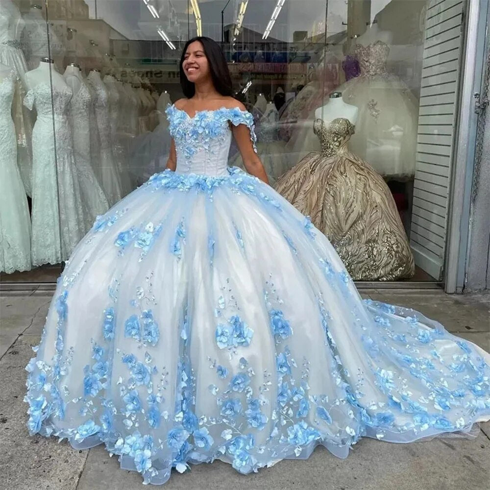 Sky Blue Princess Quinceanera Dresses Off Shoulder Ball Gown 3D Flowers Appliques Beaded Long Train Lace Up Corset Prom Dress Sweet 16 Dress