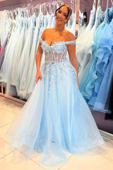 Sky Blue Prom Dress Floral A-Line Off The Shoulder Corset Long Formal Dress