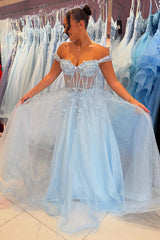Sky Blue Prom Dress Floral A-Line Off The Shoulder Corset Long Formal Dress