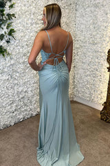 Sky Blue Prom Dress Floral Mermaid Ruche Spaghetti Straps Long Formal Dress With Slit