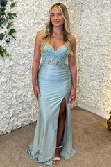 Sky Blue Prom Dress Floral Mermaid Ruche Spaghetti Straps Long Formal Dress With Slit