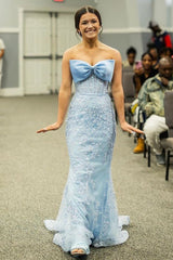 Sky Blue Prom Dress Floral Mermaid Strapless Long Formal Dress With Bow
