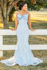 Sky Blue Prom Dress Floral Mermaid Strapless Long Formal Dress With Bow