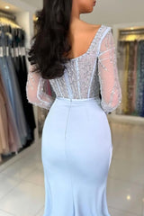 Sky Blue Prom Dress Mermaid Scoop Beaded Sleeves Slit Satin Formal Dress With Sequins