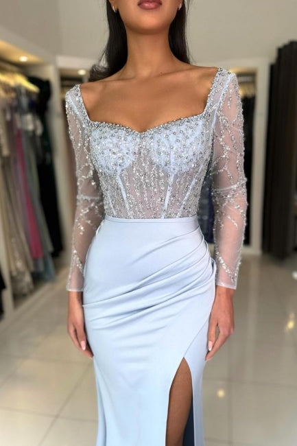 Sky Blue Prom Dress Mermaid Scoop Beaded Sleeves Slit Satin Formal Dress With Sequins