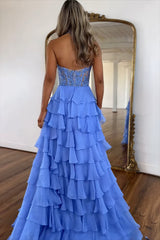 Sky Blue Prom Dress Ruffled Halter Corset Formal Dress With Slit