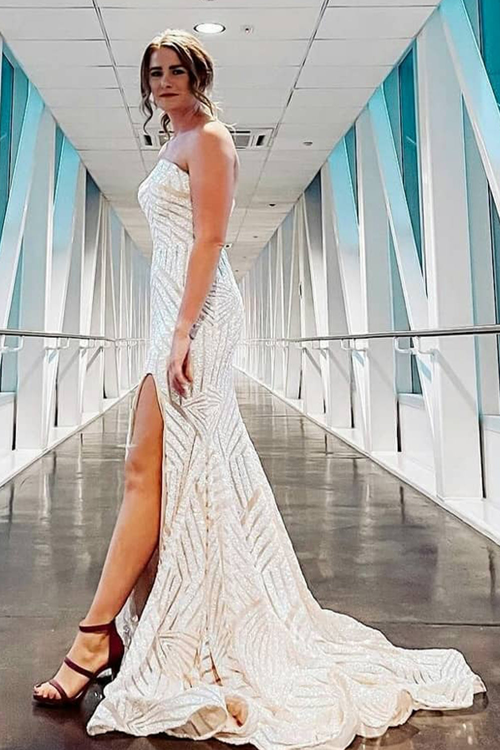 Sky Blue Prom Dress Sequined Strapless Long Evening Dress