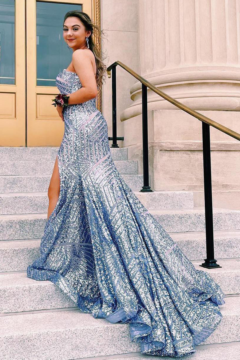 Sky Blue Prom Dress Sequined Strapless Long Evening Dress