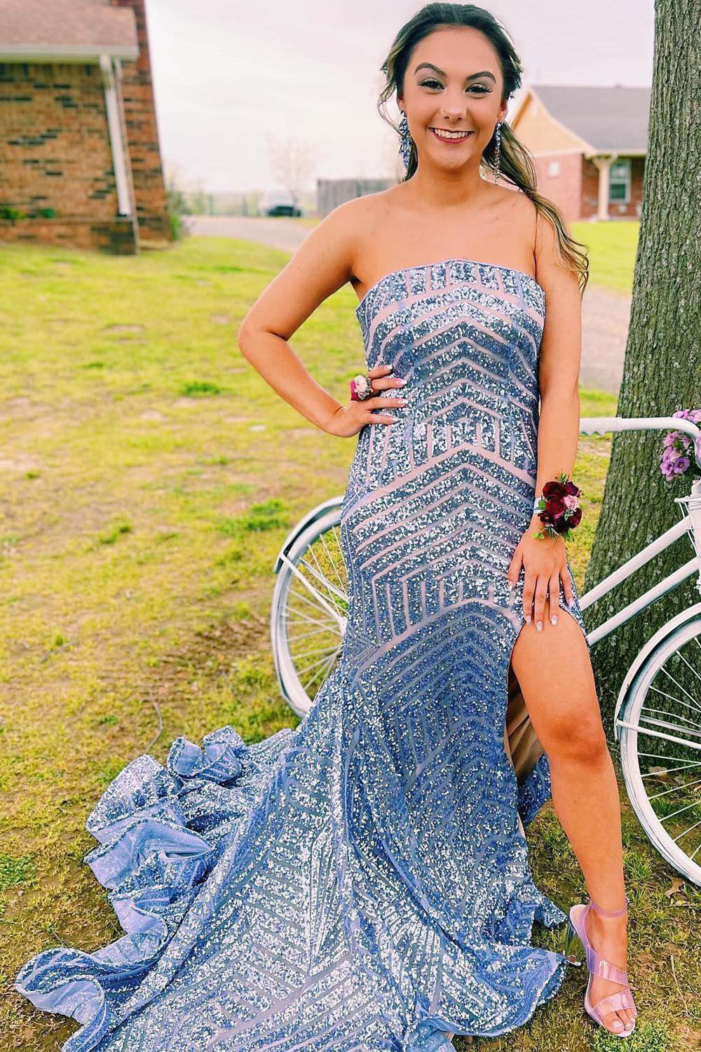 Sky Blue Prom Dress Sequined Strapless Long Evening Dress