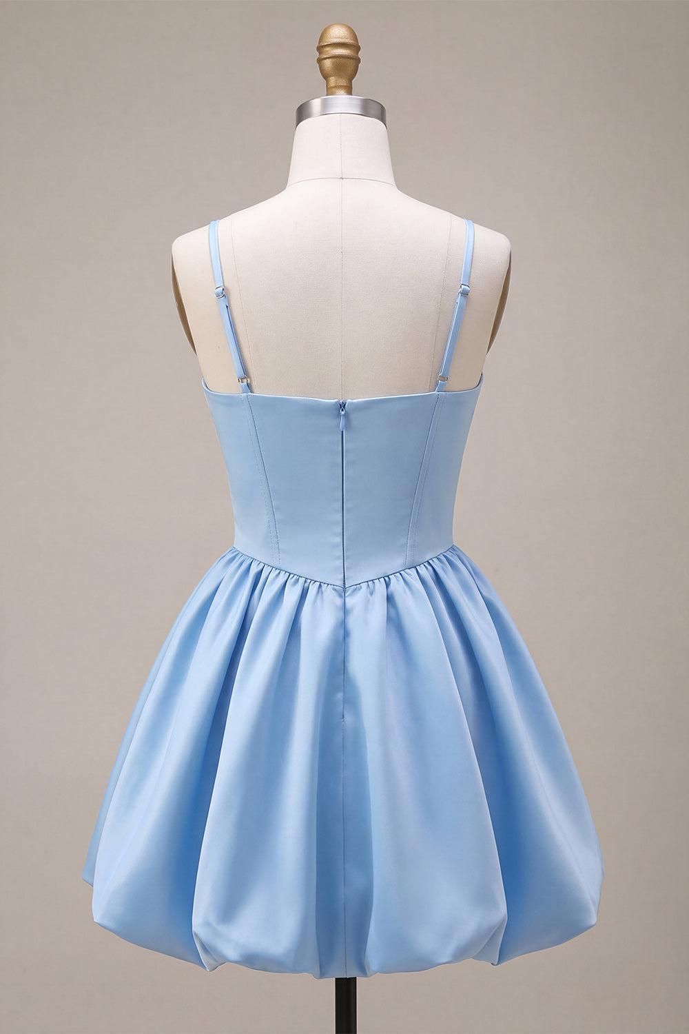 Sky Blue Satin A Line Corset Short Homecoming Dress with Bow