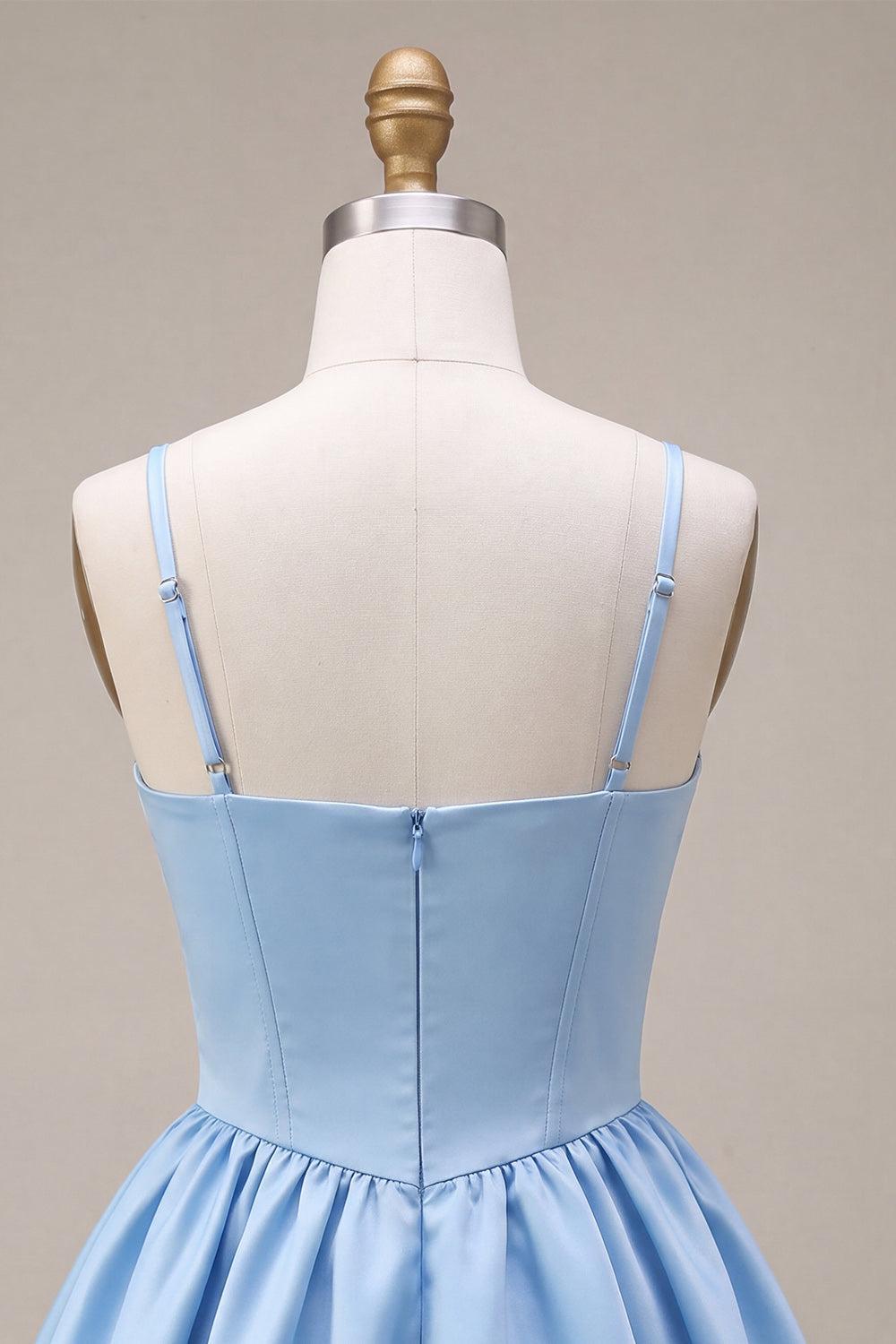 Sky Blue Satin A Line Corset Short Homecoming Dress with Bow