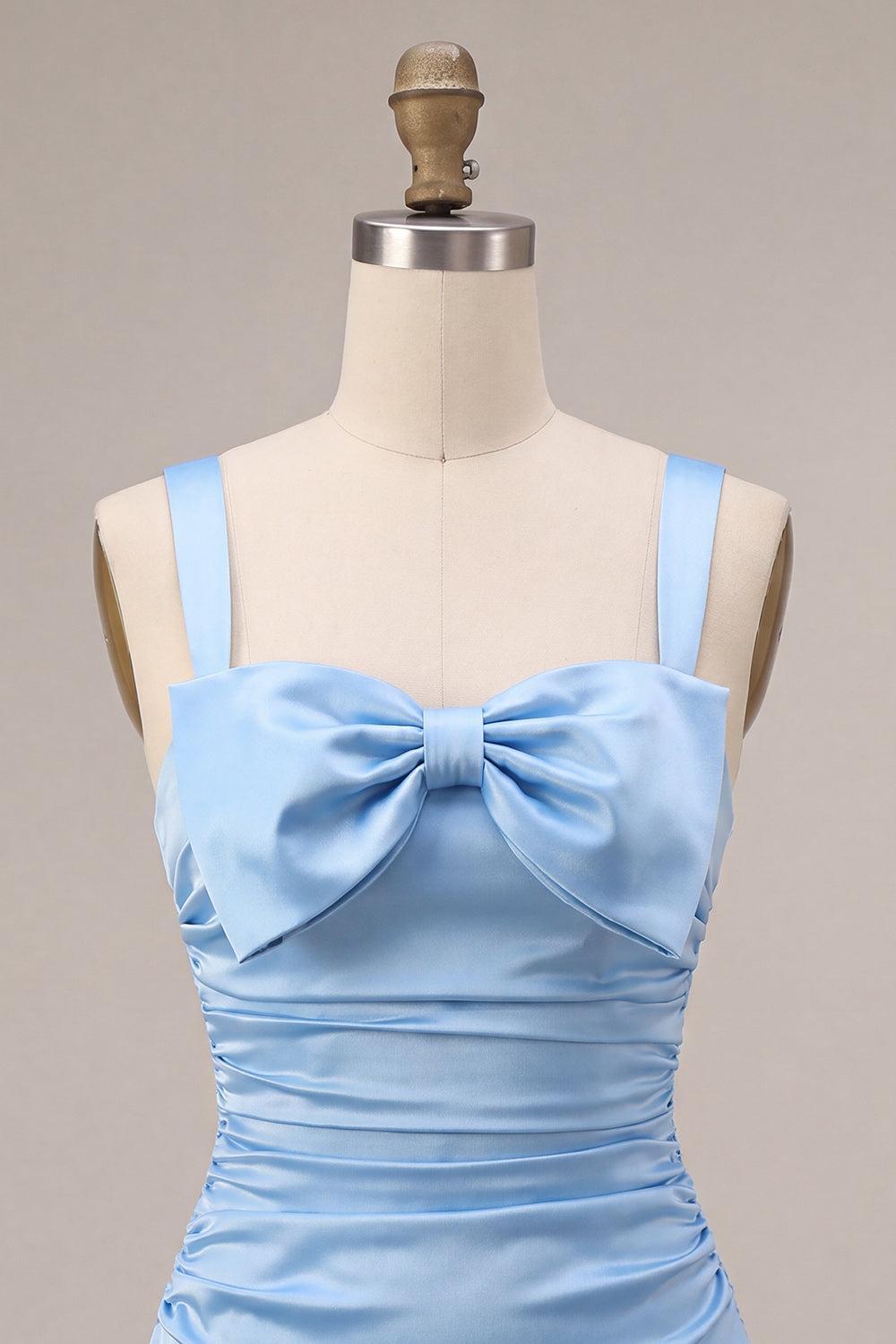 Sky Blue Satin Ruched A Line Short Homecoming Dress with Bow