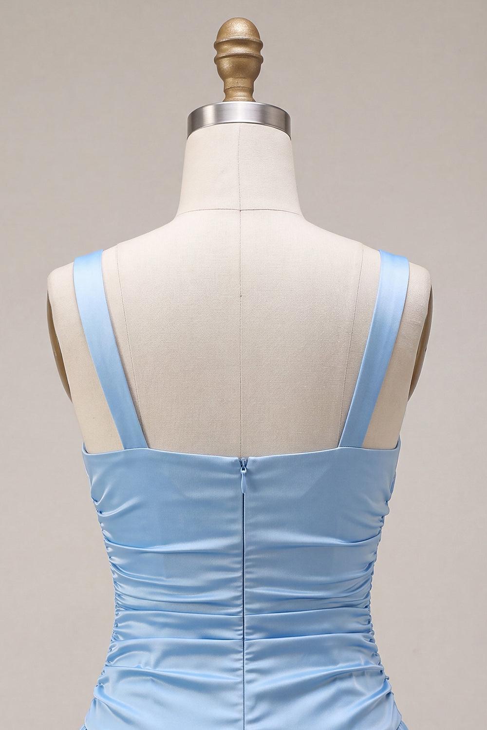 Sky Blue Satin Ruched A Line Short Homecoming Dress with Bow