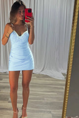 Royal Blue Bodycon V Neck Short Corset Homecoming Dress with Beading
