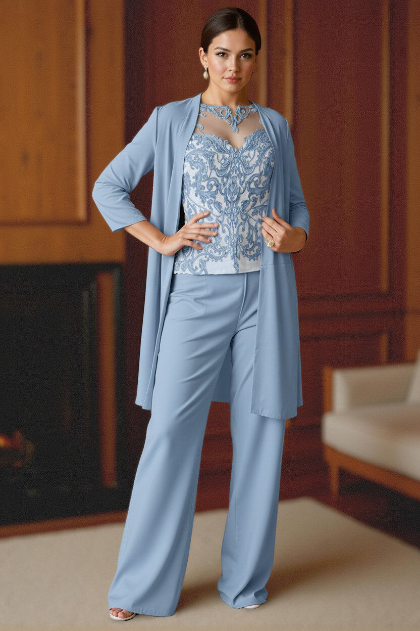 Dreamyannie Light Blue Bateau Neck Chiffon 3 Piece Mother Of The Bride Pant Suits With Jacket