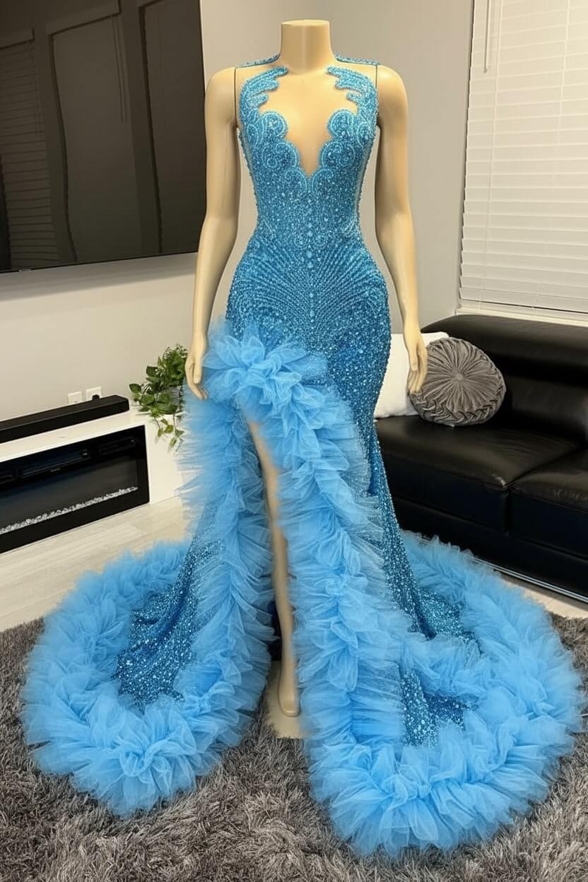 Mermaid Beaded Prom Dress Tulle Ruffles Sequined Formal Dress