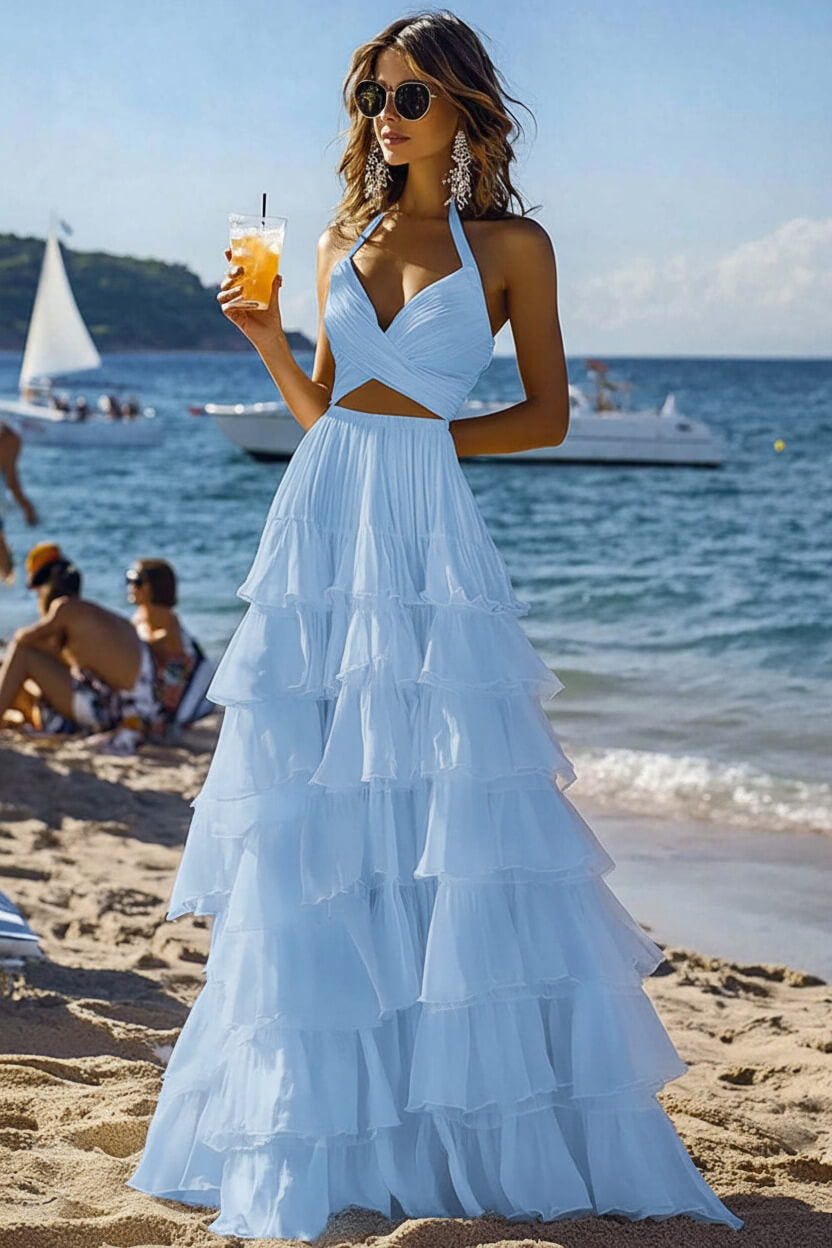 Dreamyannie Halter Tiered White 2 Piece Ruffled Formal Dress